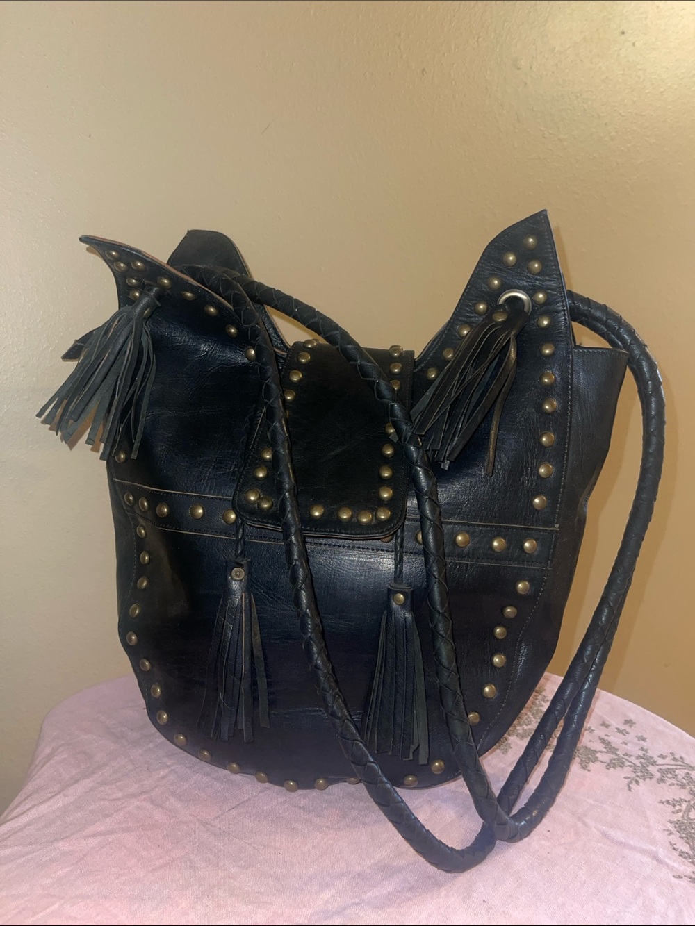 Hand crafted, Moroccan, Black Studded Leather Tote with Tassels